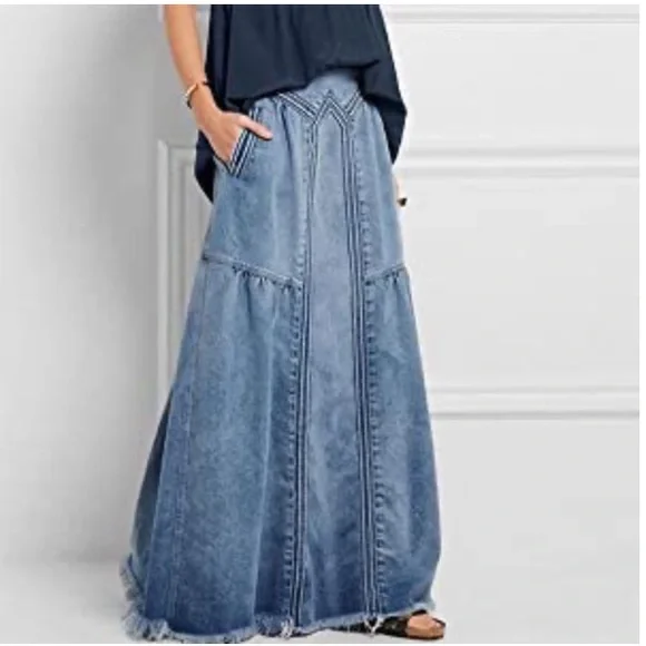 Frayed Edge Hem Denim Maxi Skirt w/Pockets - Picture 9 of 11